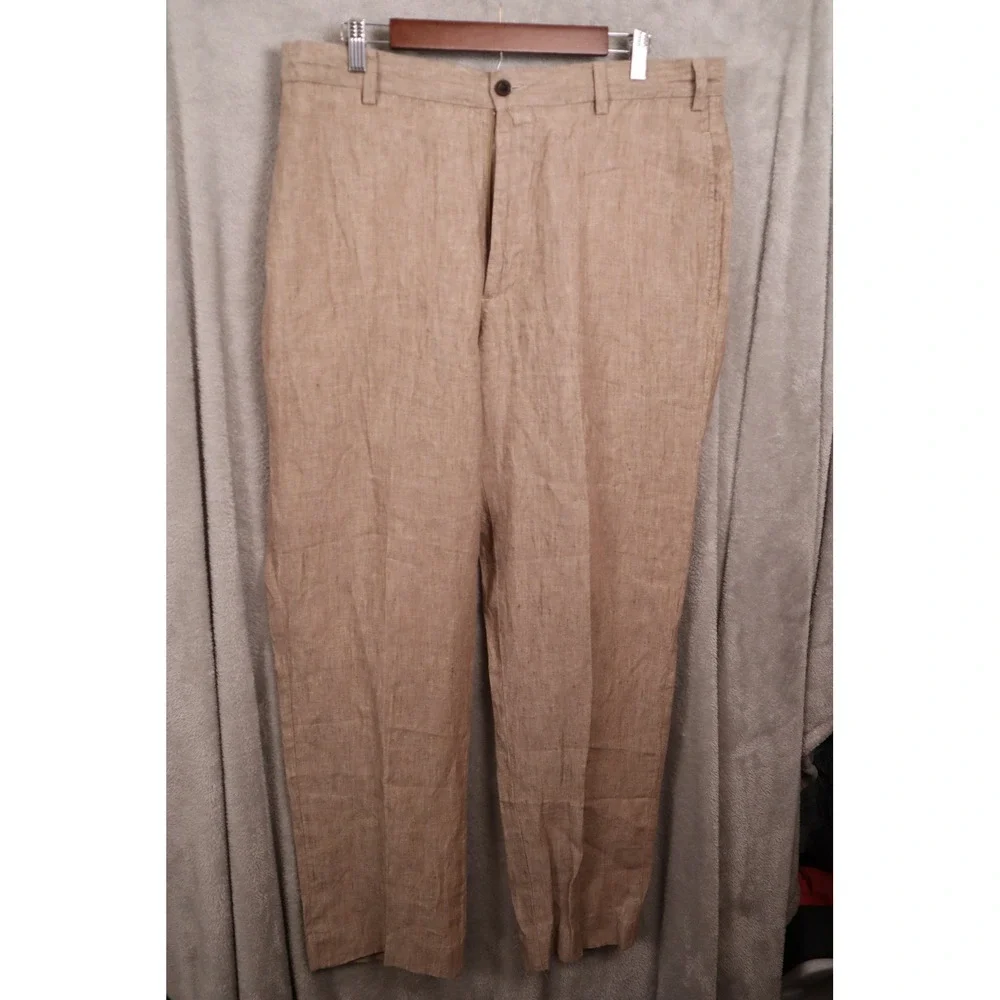 Orvis Mens 100% Linen Flat Front Trousers Tan Straight Leg 36 OR-7T32